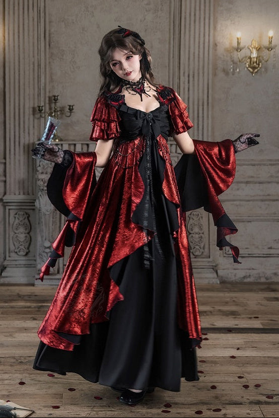 [Date limite de précommande: 105] Robe empire gothique élégante à volants cascade rouge/bleu [courte/longue] + ensemble robe complet (châle, broche papillon, chaîne de taille, traîne à nœud au dos)