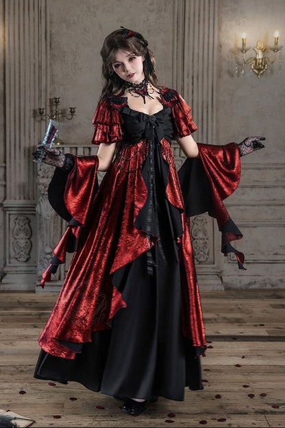 [Date limite de précommande: 105] Robe empire gothique élégante à volants cascade rouge/bleu [courte/longue] + ensemble robe complet (châle, broche papillon, chaîne de taille, traîne à nœud au dos)