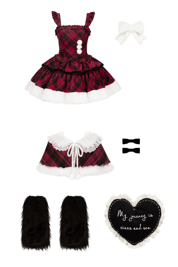 チェックドールジャンパースカート+リボンブローチ+ピン+ラブブローチ+ショール+トップス+レッグカバー