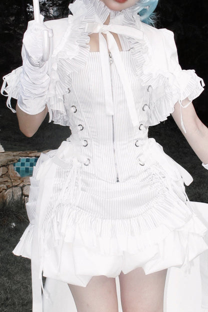 [Vorbestellschluss: 8. August] Gothic-Lolita Dark-Cat gestreifte kurze Rüschenjacke+Korsett-Bustier+hochziehbare kurze Rüschenshorts