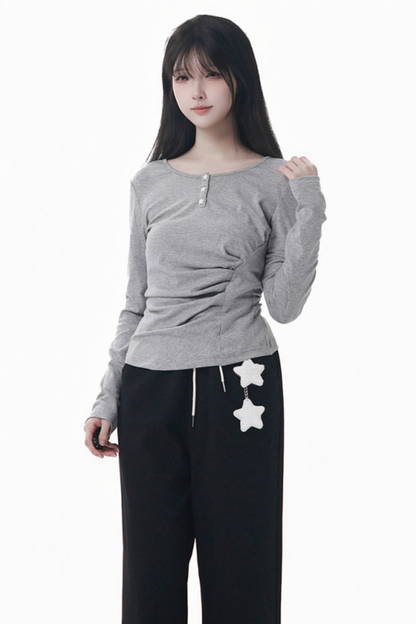 マルチカラーボタンリボントップス