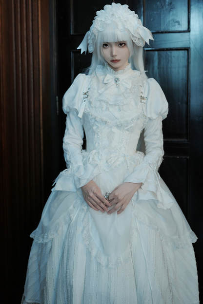 White gothic gemini Lolita dress + corset + ribbon + hair band + veil