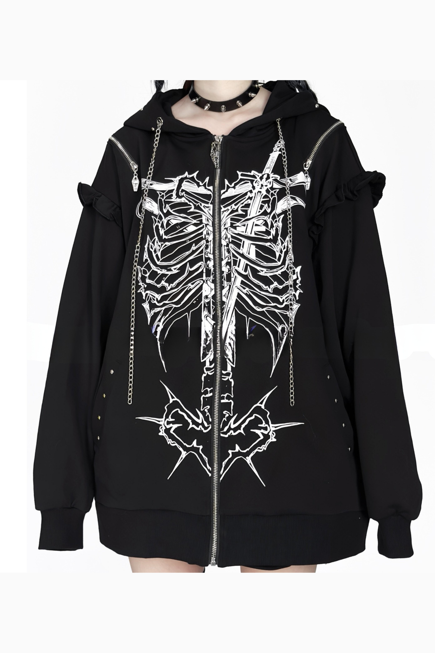 Bone Piercing Chain Hooded Jacket