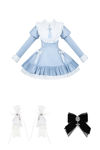 Lace-up ribbon Lolita dress + brooch + hair clip