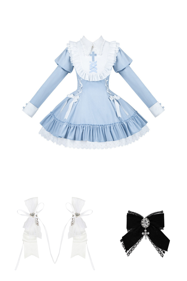 Lace-up ribbon Lolita dress + brooch + hair clip