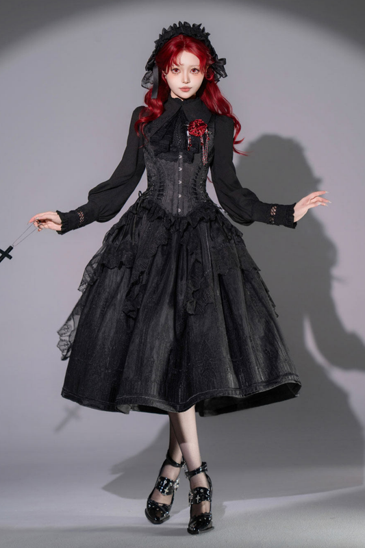 【4月19日予約締切】ゴシックレースドレス+コルセット+スカート+トップス+ヘアバンド+ハット+ブローチ