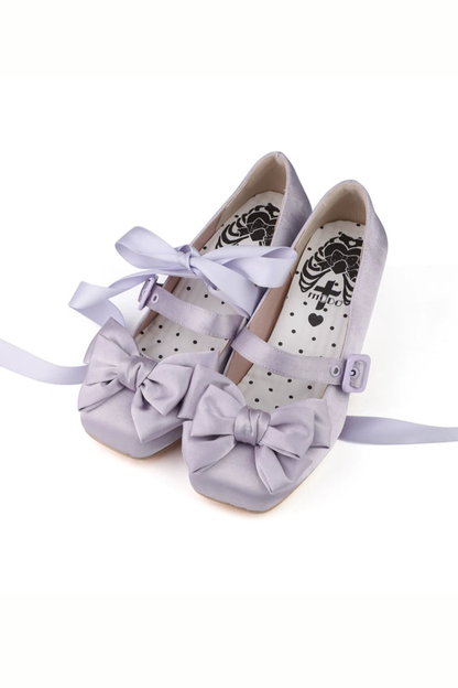 レースアップリボンサテンスクエアトゥシューズ