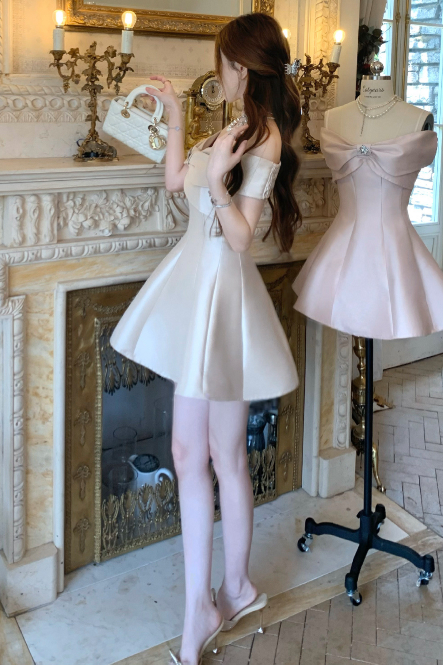 オフショルダーリボンショートフレアドレス＋ロングフレアドレス