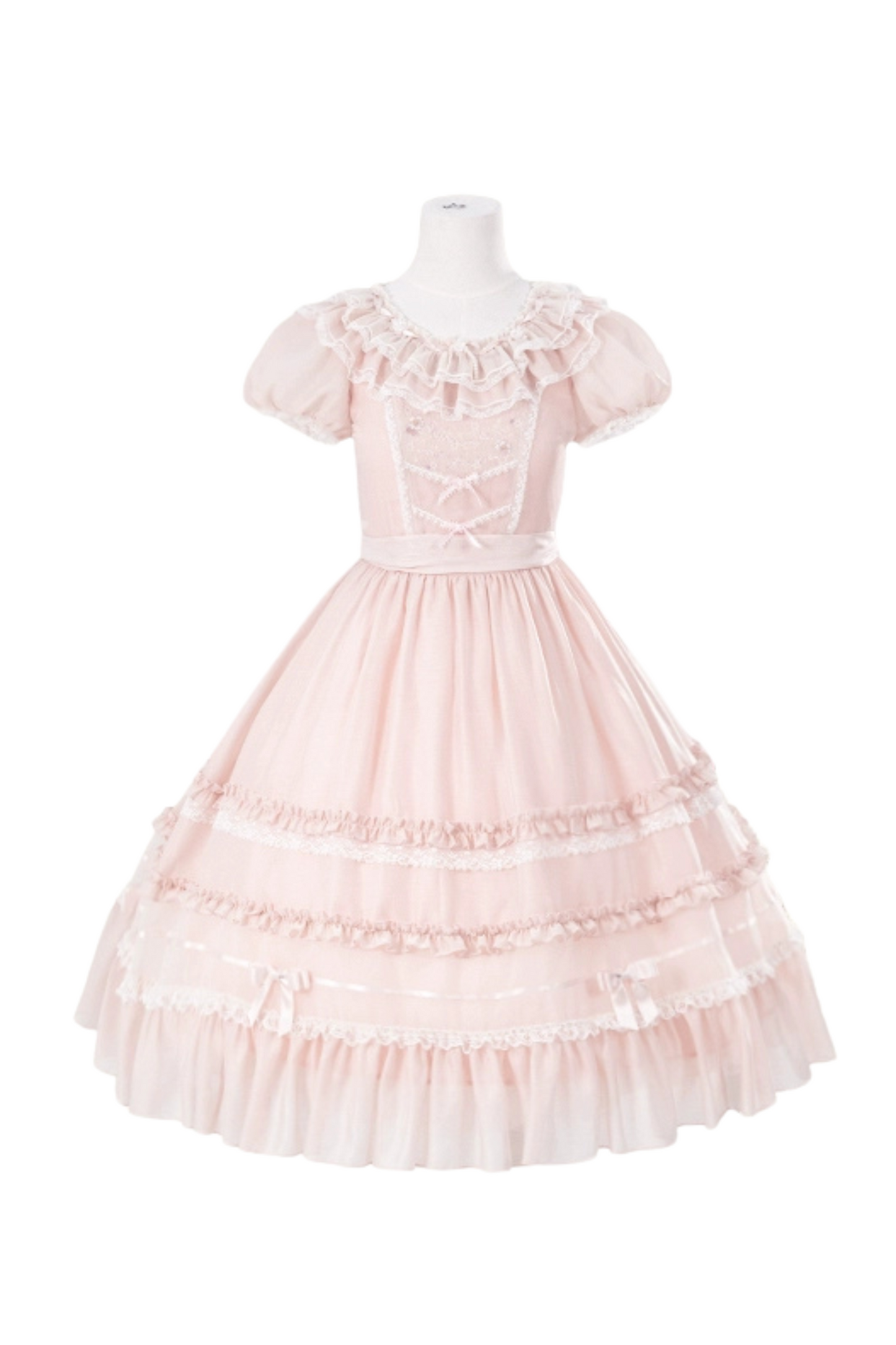 Cherry blossom color sweet princess Lolita dress + doll color top + sheer cardigan + apron