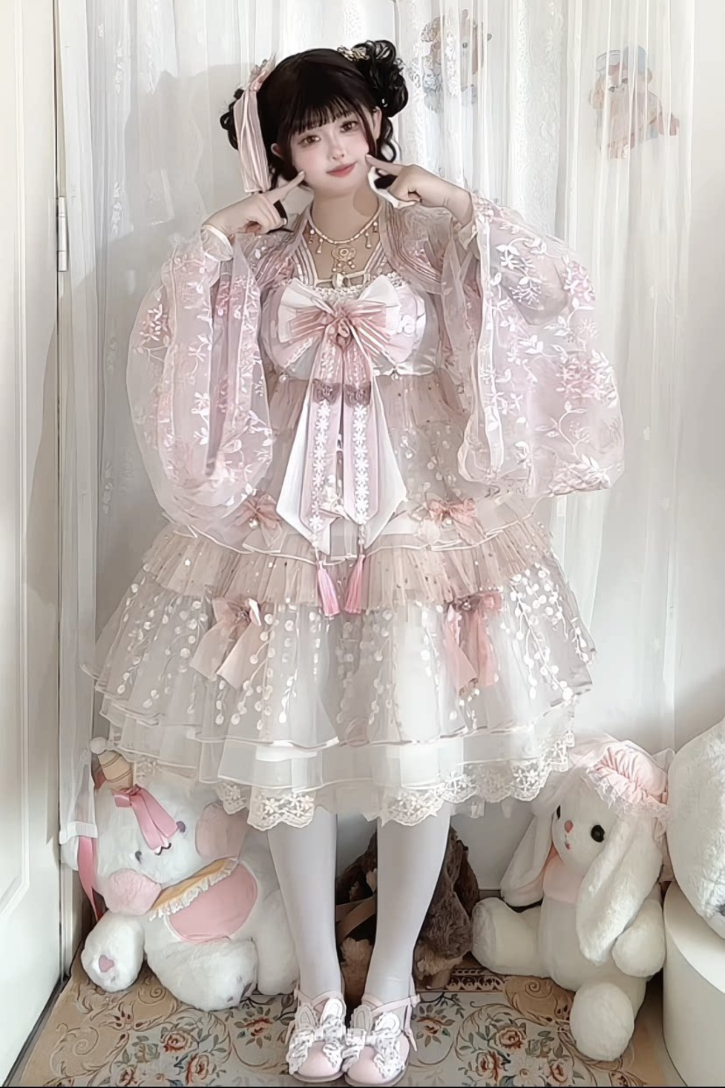 사쿠라 스위트 차이나 로리타 셔츠 + 목걸이 + 리본 + 베일 + 클립