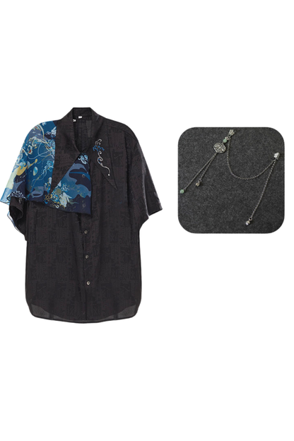 ダークチャイナシャツ+ワイドレッグパンツ+チェーン+ベルト