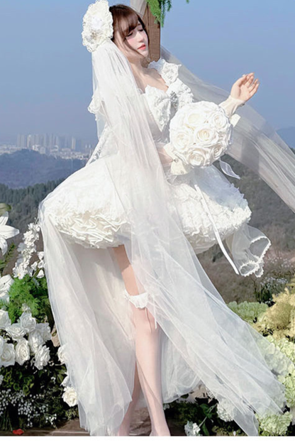 [Vorbestellung bis 4. April]Weißes Feder-Zeremonienkleid + Schal + Schwanz + Schleier + Schleife + Ärmel