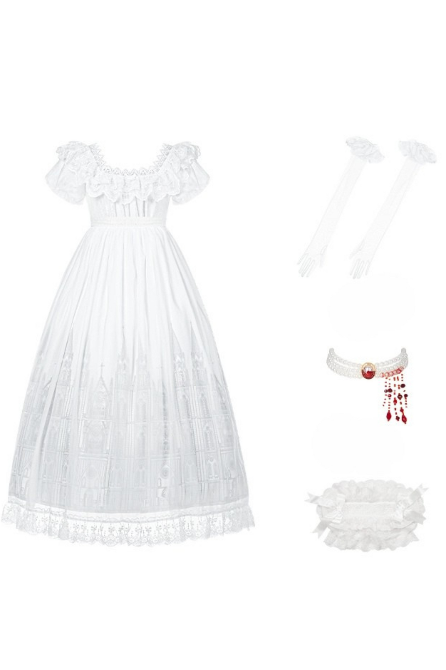 ゴシックツインズロリータドレス＋ハンドスリーブ＋ネックレス＋ヘッドバンド＋ベール＋コルセット＋取り外し可能カーテン＋コサージュ