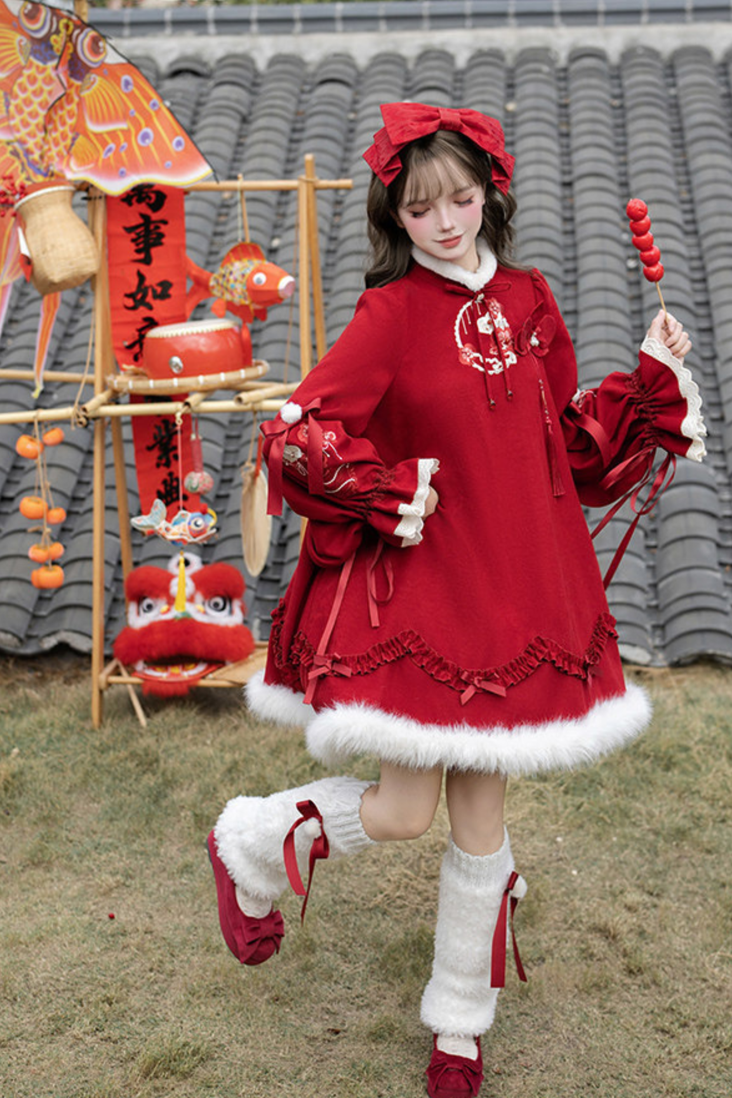 China Big Sleeve Dress + Apron + Skirt + Leg Warmers + Hairband + Clip + Pin