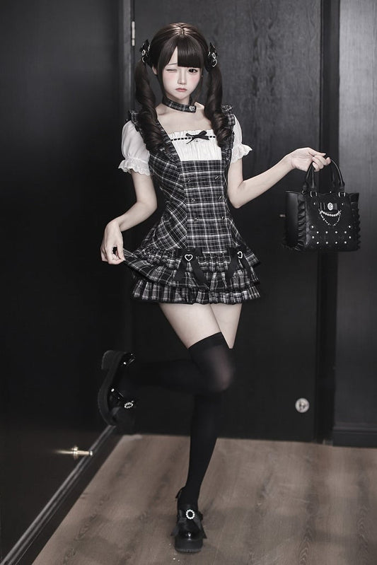 【4月29日予約締切】ブラックチェックフリルリボンパフスリーブミニドレスセットアップ＋チョーカー