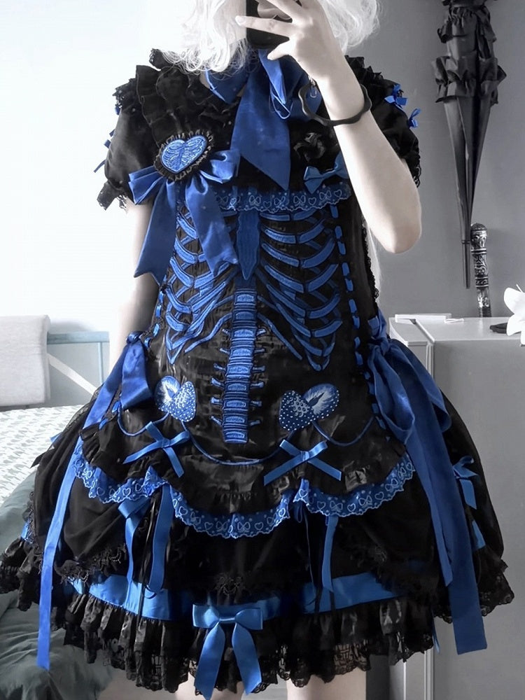 【11月4日予約締切】Blue-Black/Red-Black/Purple-Black Gothic Lolita Puff-Sleeve Lace Bow Doll Dress With Bone Embroidery Apron