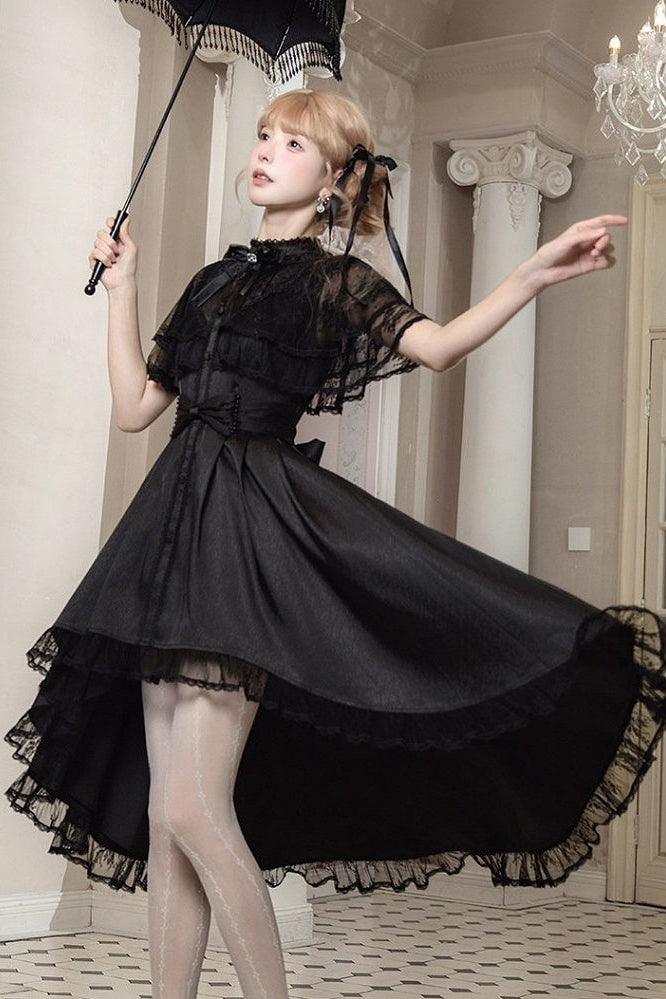 【10月8日予約締切】Black Classic Lolita Black Bow High-Low Dress(Sheer lace hem version / Plain satin frill hem version)