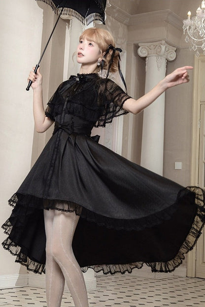 【10月8日予約締切】Black Classic Lolita Black Bow High-Low Dress(Sheer lace hem version / Plain satin frill hem version)