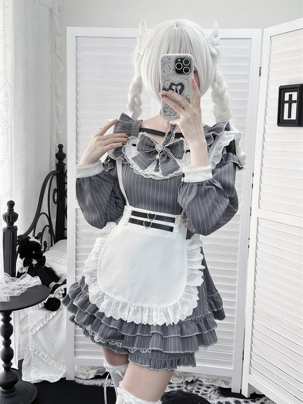 Cross Gothic Choker Neck Maid Style Lace Apron Ribbon Dress 4-Piece Set (Order Deadline: May 13)