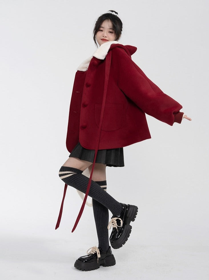 Wine Red Cat Hooded Short Wool Coat