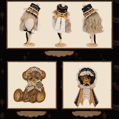【9月8日予約締切】Vintage Teddy Bear Classic Lolita Series Accessories（Black Hat With Ribbon Train / Mini Hat &amp; Bear Ear KC With Ribbon Decoration / Bear Ear Bonnet / Brown Bear Brooch / Bear Embroidered Brooch）
