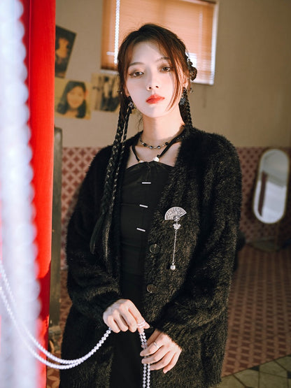 Night Collar Mink Velvet Black Cardigan Jacket