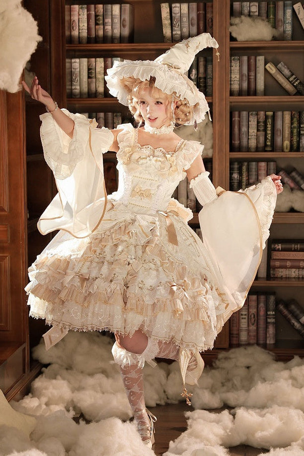 [Cierre de reserva el 14 de septiembre] Conjunto completo Elegant White Gold Witch: vestido JSK cruz + cola con lazo grande + capa con capucha + mangas desmontables + sombrero de bruja + mangas exteriores