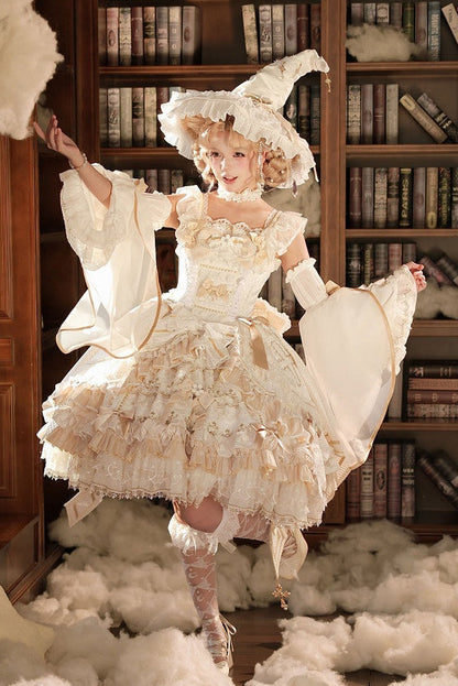 [Cierre de reserva el 14 de septiembre] Conjunto completo Elegant White Gold Witch: vestido JSK cruz + cola con lazo grande + capa con capucha + mangas desmontables + sombrero de bruja + mangas exteriores