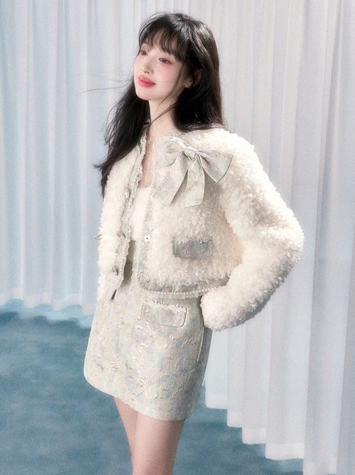 Lamb Fur Wool Retro Flower Design Jacket