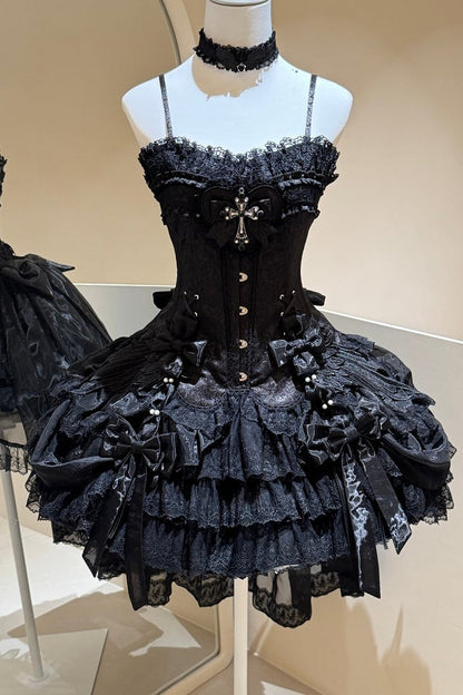 【8月12日予約締切】ブラック／ホワイトダークエンジェルゴシックロリータコルセットティアードサスドレス＋バックリボントレーンセット
