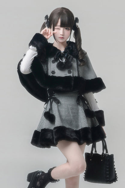 【2月7日予約締切】レトロチェックブラックファーケープ＋スカート＋インナートップス