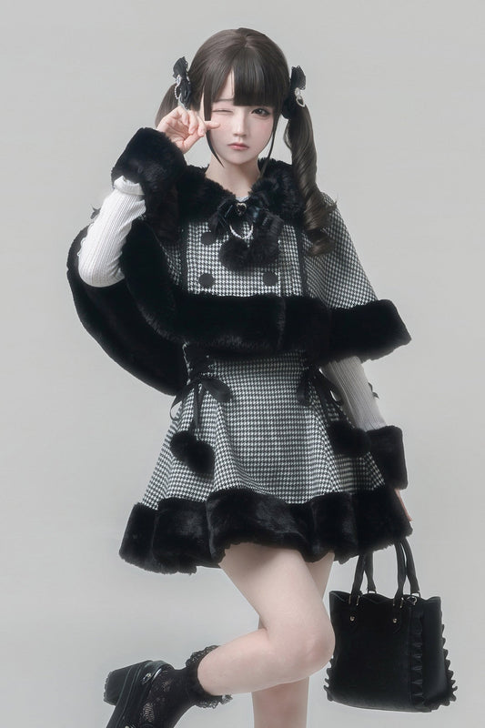 【2月7日予約締切】レトロチェックブラックファーケープ＋スカート＋インナートップス