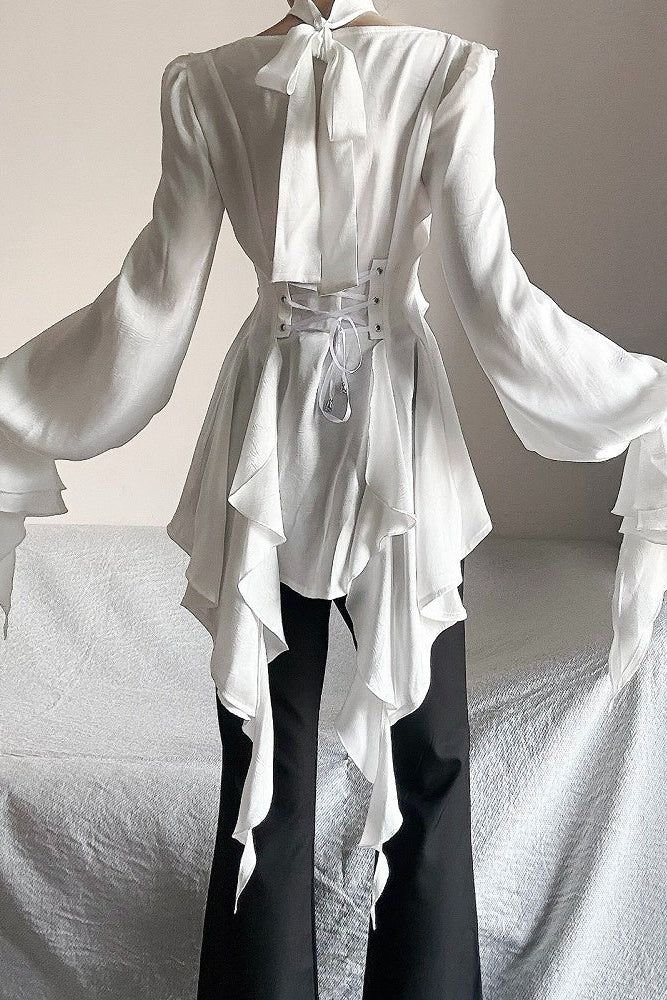 [November 9 Preorder Deadline] Victorian Gothic Lolita Halter-Neck Blouse with Flared Sleeves, an Asymmetrical Frill, and a Train