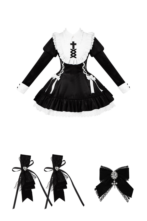 Lace-up ribbon Lolita dress + brooch + hair clip