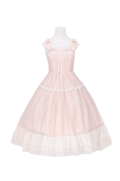 Cherry blossom color sweet princess Lolita dress + doll color top + sheer cardigan + apron