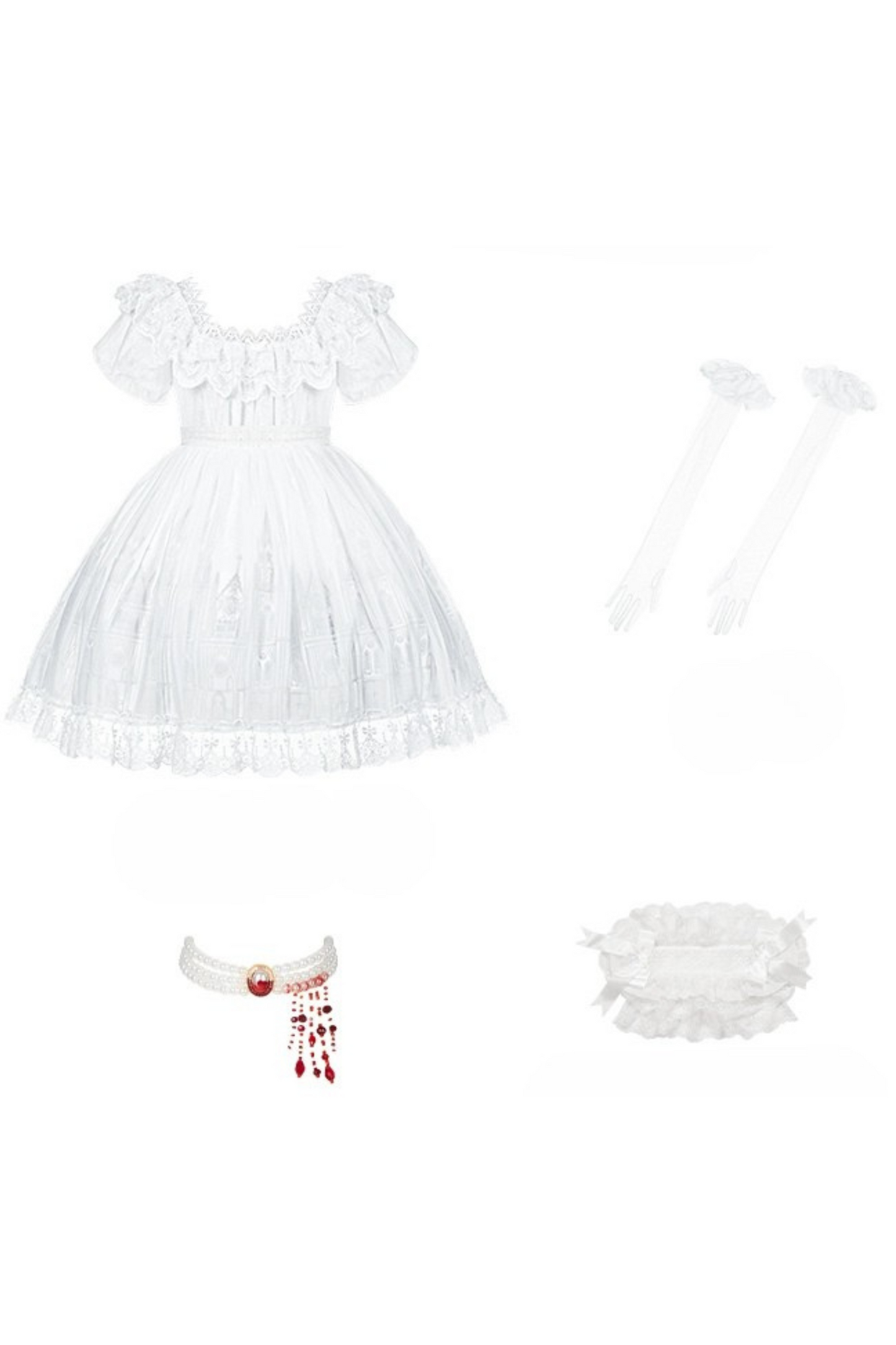 ゴシックツインズロリータドレス＋ハンドスリーブ＋ネックレス＋ヘッドバンド＋ベール＋コルセット＋取り外し可能カーテン＋コサージュ