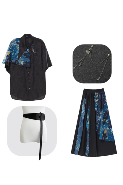 ダークチャイナシャツ+ワイドレッグパンツ+チェーン+ベルト