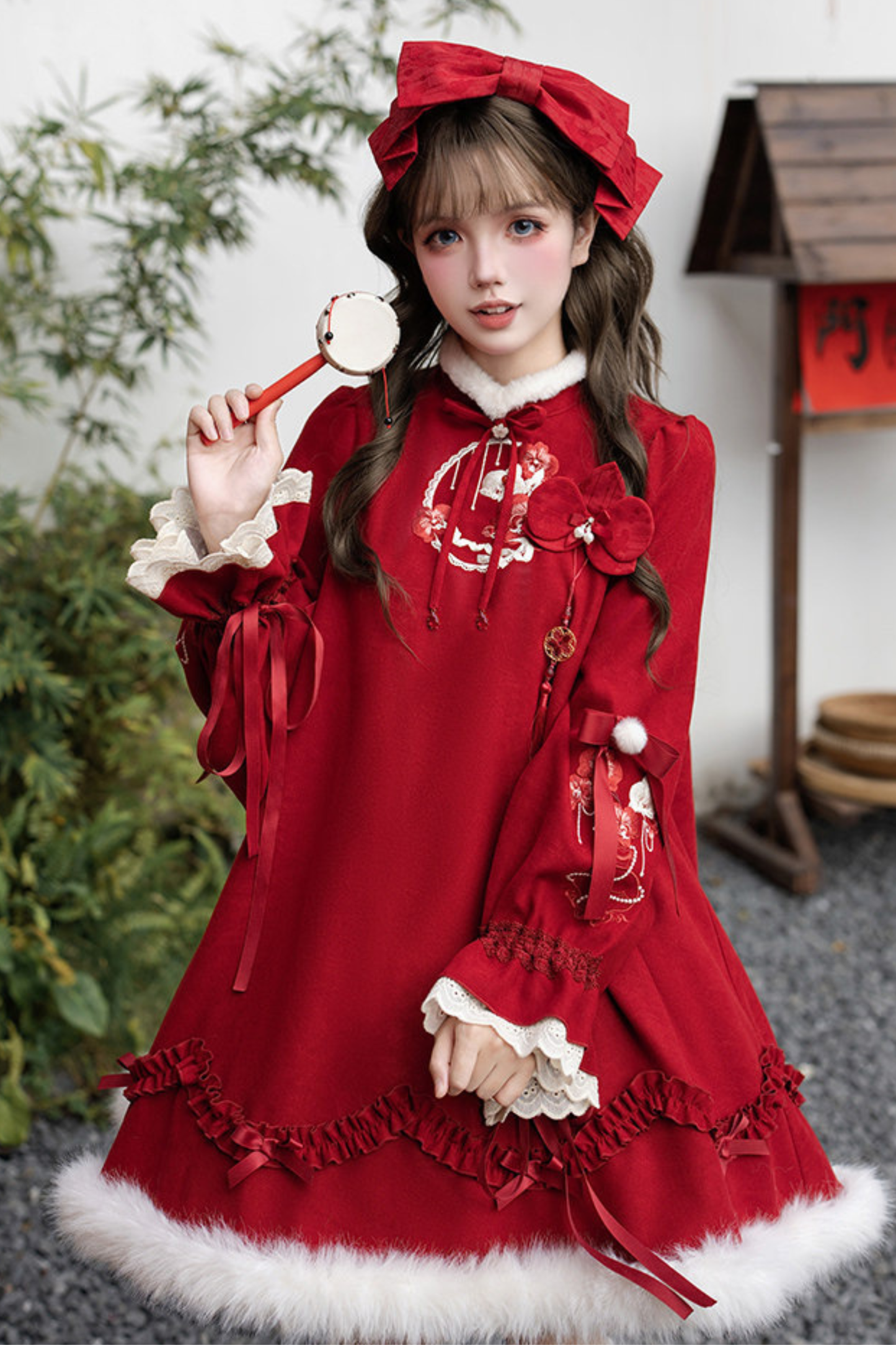 China Big Sleeve Dress + Apron + Skirt + Leg Warmers + Hairband + Clip + Pin
