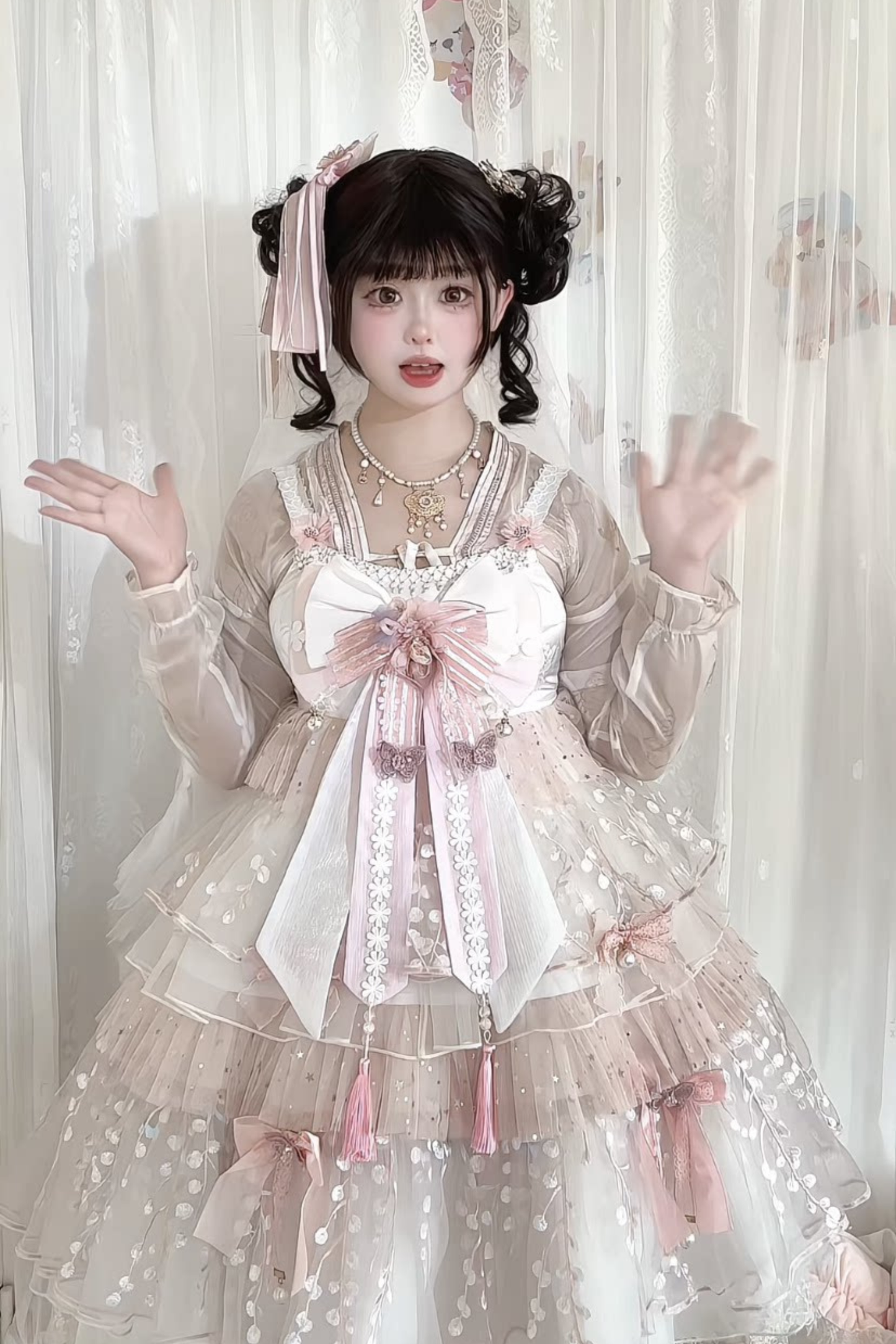 사쿠라 스위트 차이나 로리타 셔츠 + 목걸이 + 리본 + 베일 + 클립