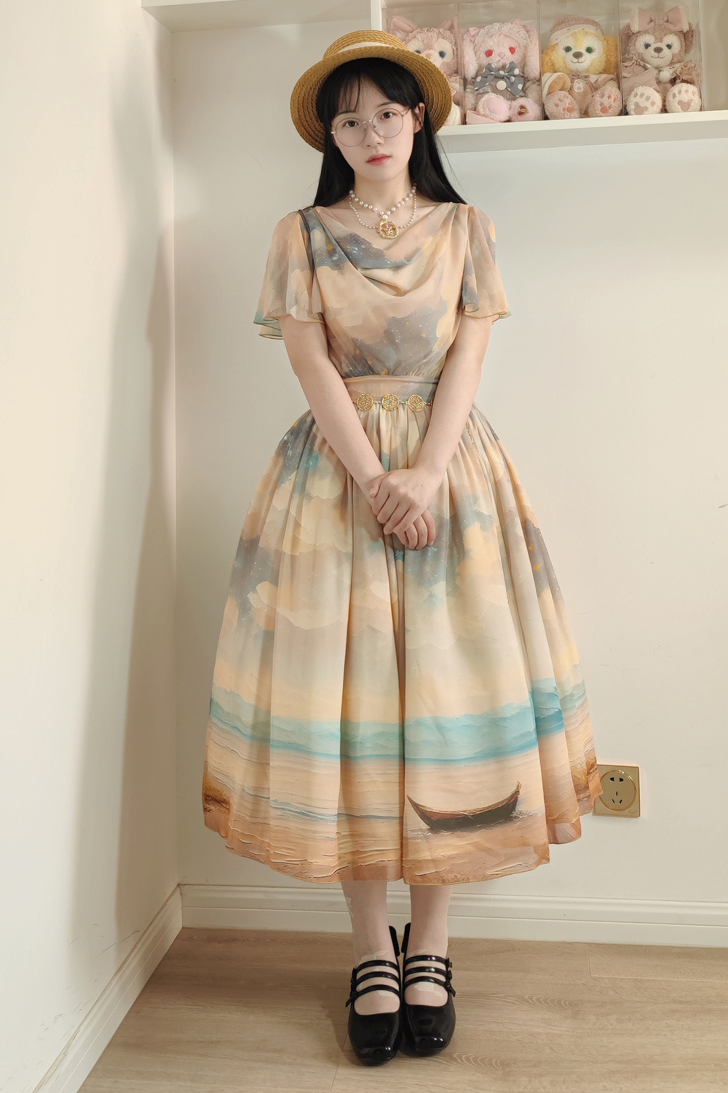 マーブルリゾートシフォンプリントドレス