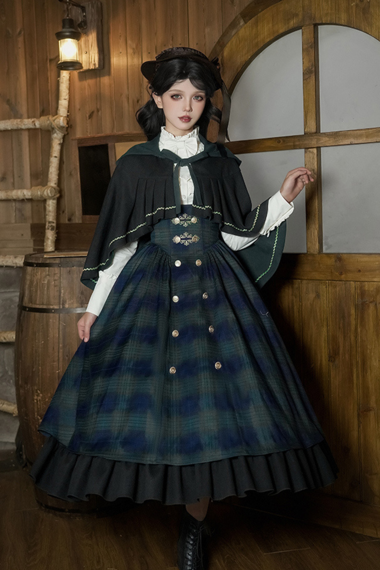 レトロカレッジスタイルチェックロリータスカート＋ジャケット＋マント＋ブラウス＋リボン＋ネックレス