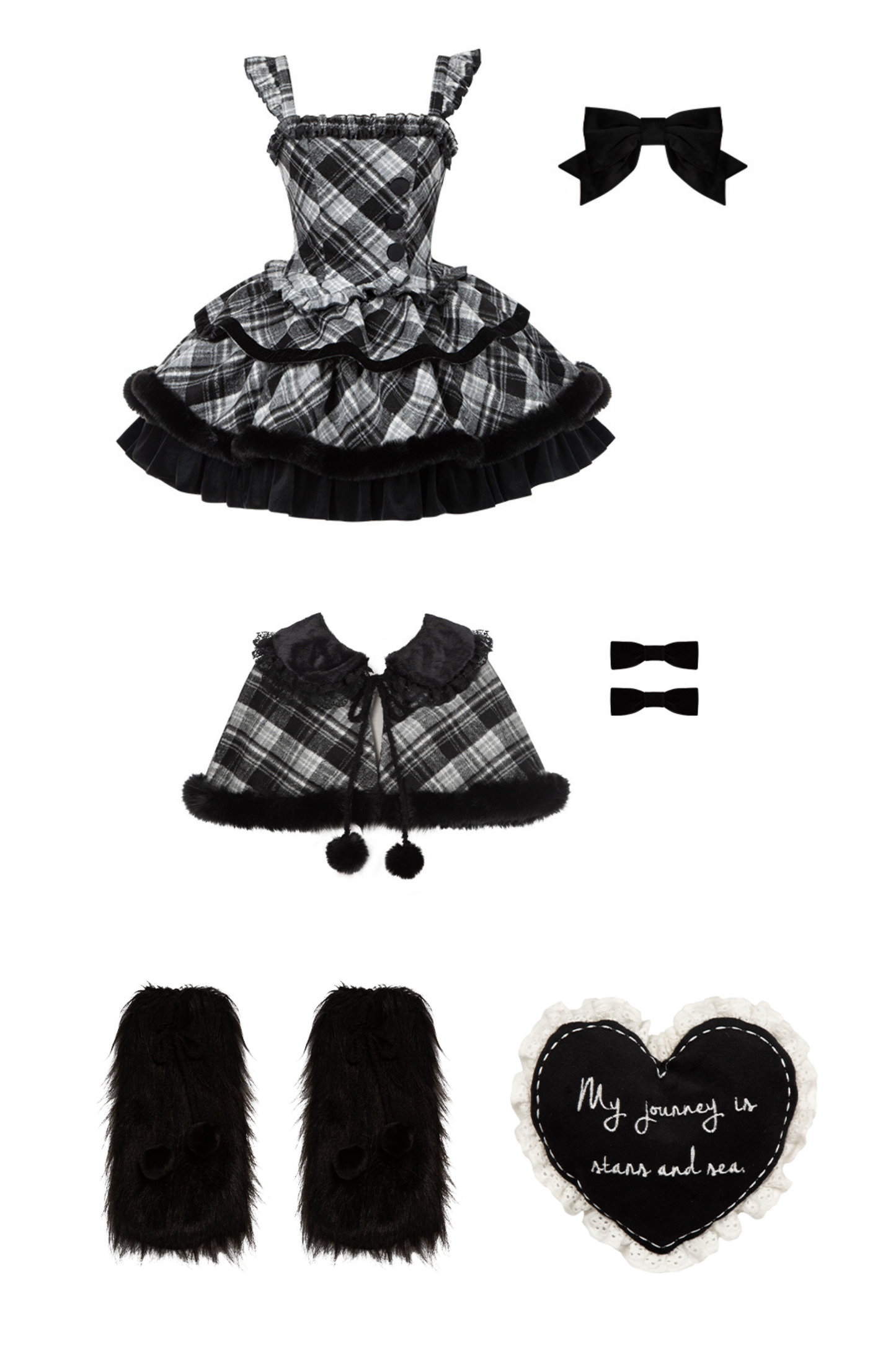 チェックドールジャンパースカート+リボンブローチ+ピン+ラブブローチ+ショール+トップス+レッグカバー