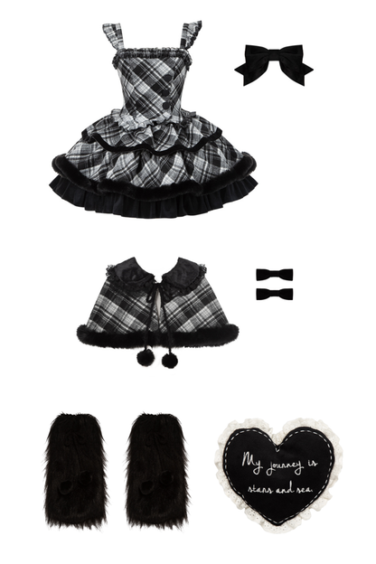 チェックドールジャンパースカート+リボンブローチ+ピン+ラブブローチ+ショール+トップス+レッグカバー
