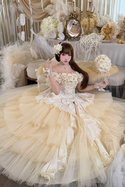 [예약상품] 4월 4일 예약마감]애프리콧 웨딩 로리타 원피스+숄+소매+리본 테일+베일