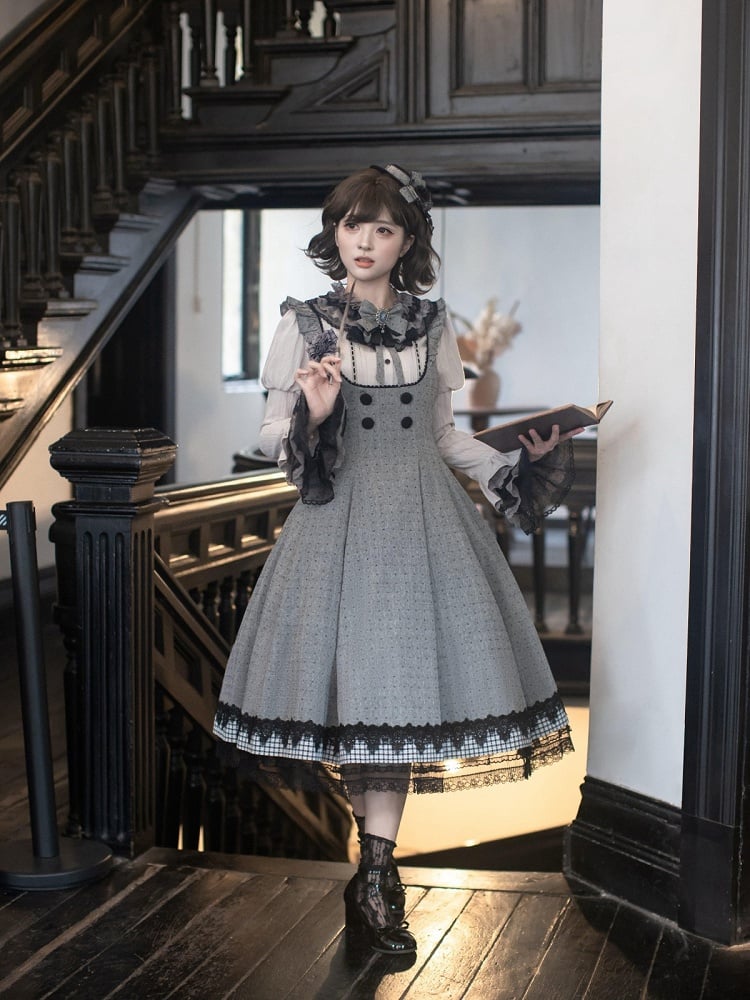 [Pre-order Deadline: May 19] Gray-Black Classic Lolita Top, JSK One-Piece & Bow Tie 3-Piece Ensemble
