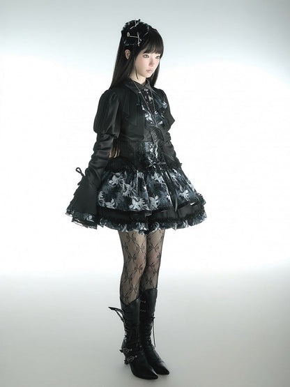 [Précommande jusqu'au 13 mai] Chemise à volants noire à fleurs gothique Bone Iris + jupe corset + accessoires