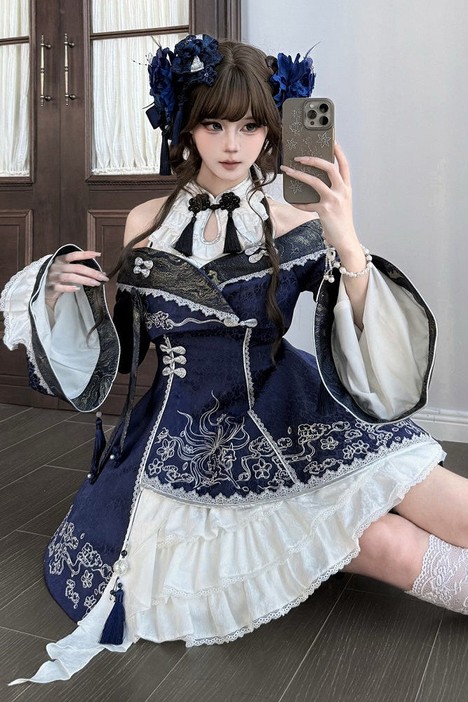 [Reservierungsschluss am 9. Oktober] Dunkelblau-weißes Gothic-Chinese-Lolita-Kleid mit Stickerei eines neunschwänzigen Fuchses + schulterfreie Jacke mit Glockenärmeln im Set