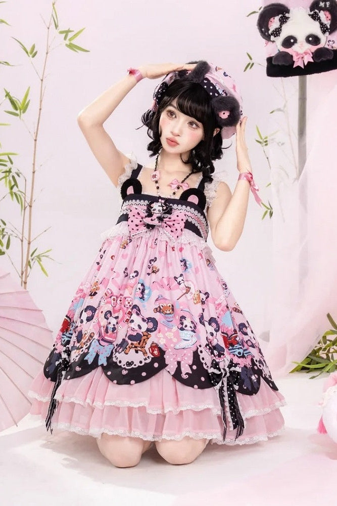 [Pre-order Deadline: October 25] Pink/Green Chinoiserie Lolita Sweet Panda Ear Bow High-Waist Tiered JSK Dress + Bow-Waist Panda Print Dress