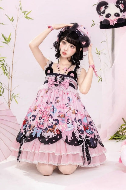 [Pre-order Deadline: October 25] Pink/Green Chinoiserie Lolita Sweet Panda Ear Bow High-Waist Tiered JSK Dress + Bow-Waist Panda Print Dress