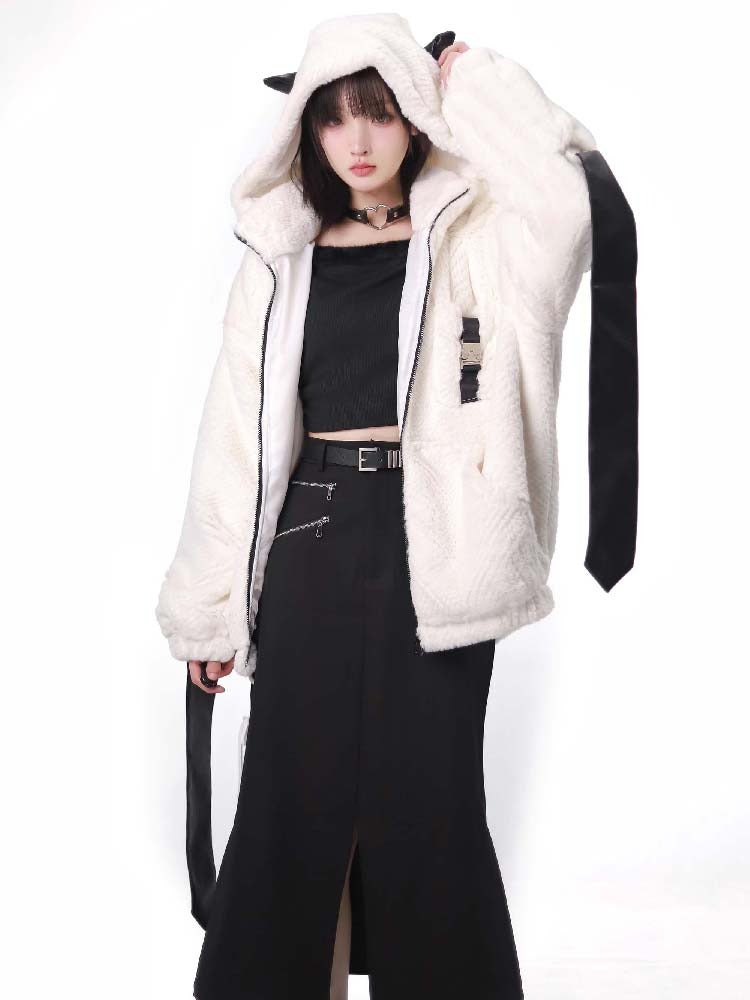 Fast Snow Original Back Ribbon Hoodie Fur Coat Top Skirt